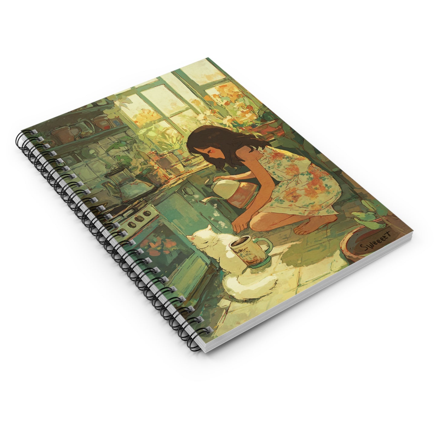 Charming Floral Spiral Notebook, Cute Journal for Cat Lovers, Aesthetic Stationery for Home, Gardening, and Gift Ideas