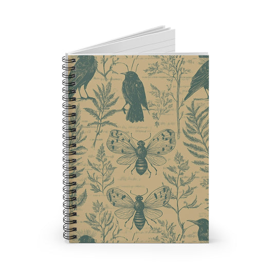 Nature-Inspired Spiral Notebook - Ruled Line, Vintage Notebook, Eco-Friendly Journal, Gift for Nature Lovers, Bird and Butterfly Design,